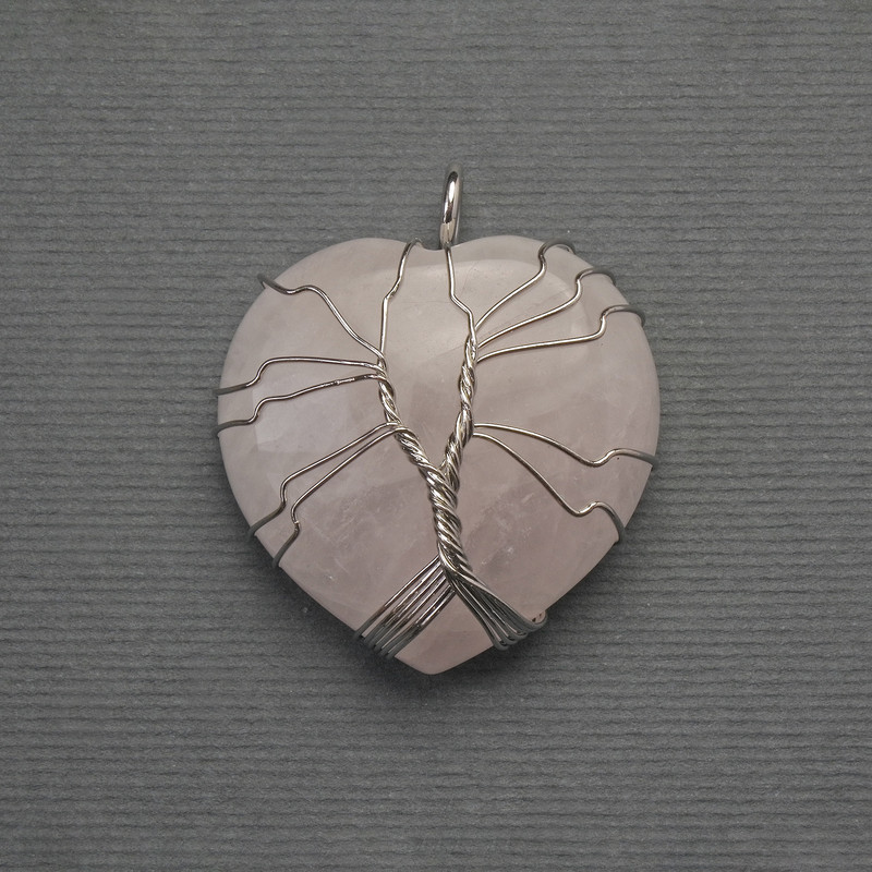 Pendant Heart Pink Quartz in Silver-plated Wire Wrapping, diameter 30x30mm±, length 37mm±