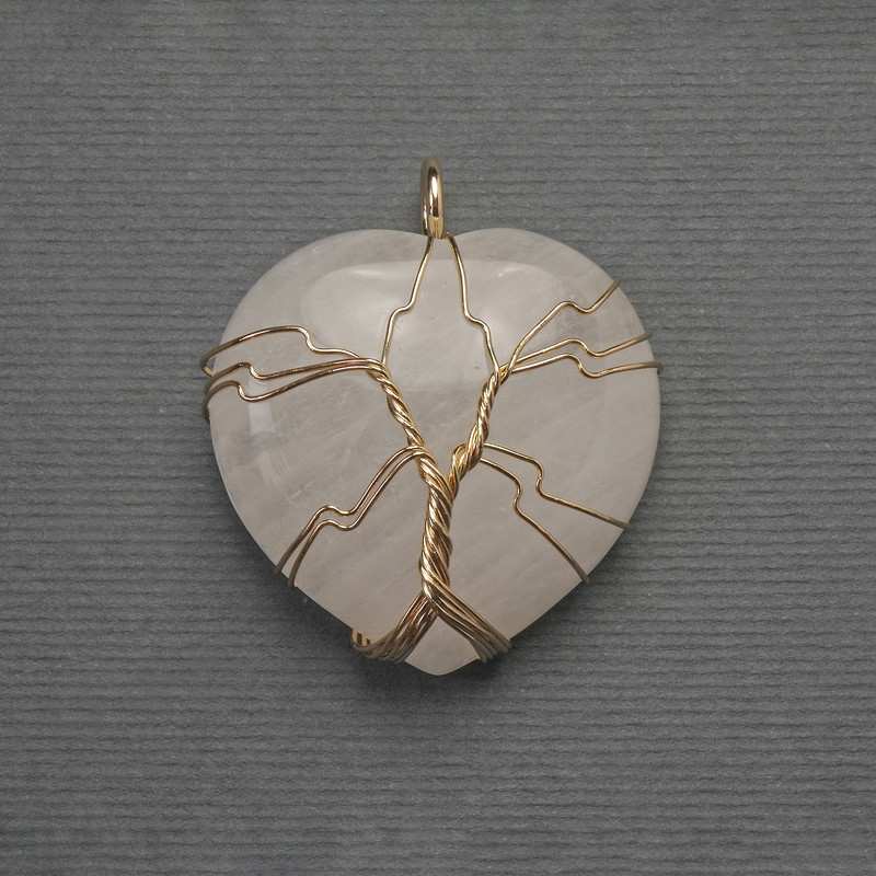 Pendant Heart Mountain Crystal in Golden Wire Wrapping, diameter 30x30mm±, length 37mm±