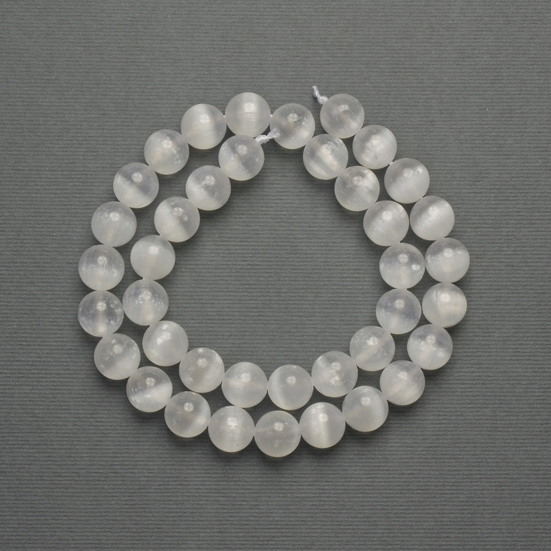 Selenite Beads Smooth Sphere 10 mm on Thread, Length 39 cm+