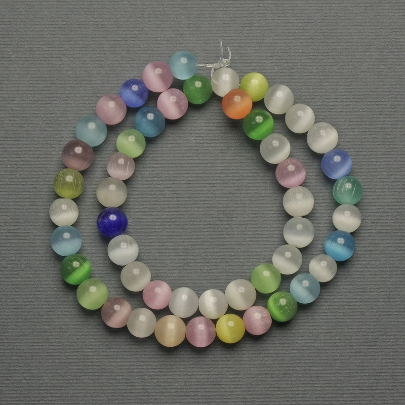 Cat's Eye Beads Multicolor Synthetic Stone Smooth Sphere, 8mm ± Thread, length 37cm+