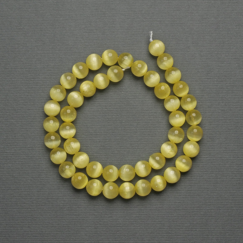 Cat's Eye Beads Yellow Synthetic Stone Smooth Sphere, 8mm diameter ± on thread, length 39cm+