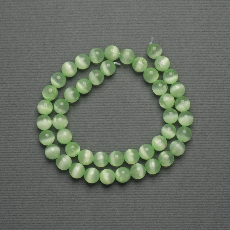 Cat's Eye Beads Salad Green Synthetic Stone Smooth Sphere, diameter 8mm± on thread, length 39cm+
