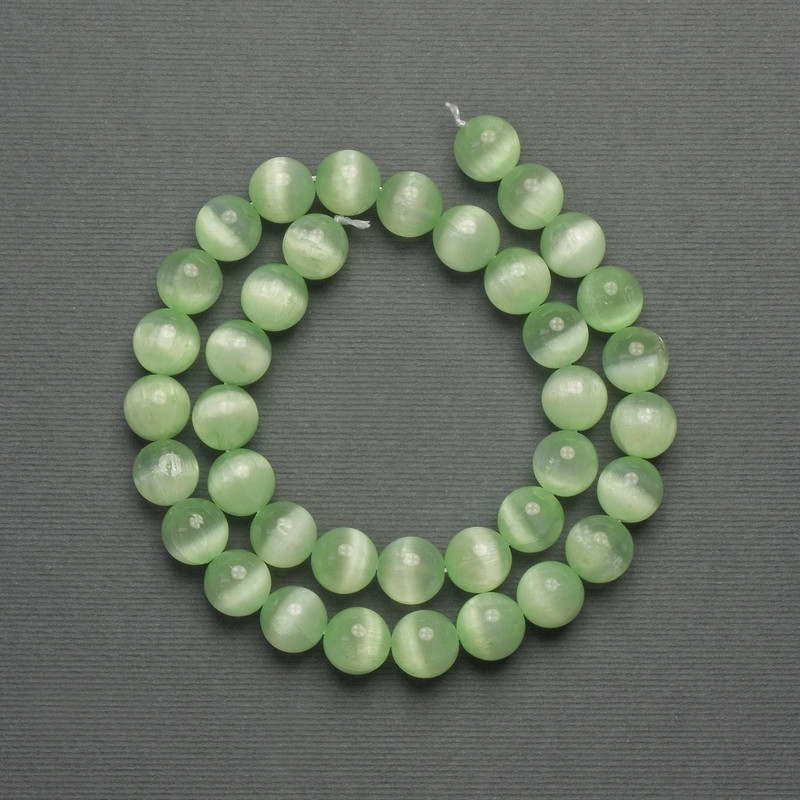 Cat's Eye Beads Chartreuse Synthetic Stone Smooth Sphere, diameter 10mm± on thread, length 39in±