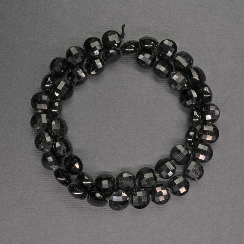 Natural gemstone beads - Black tourmaline, faceted coin-shaped, 8x5 mm, length 39 cm