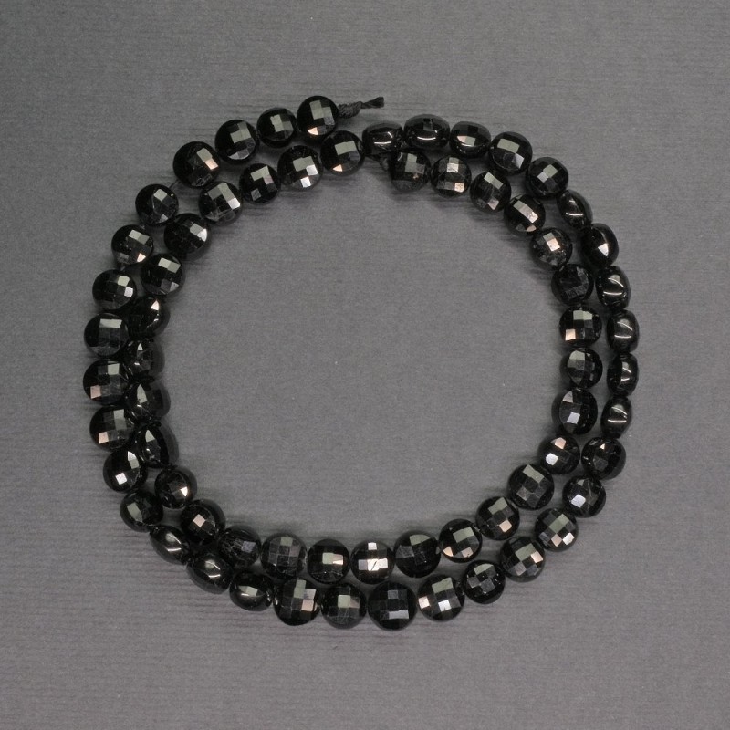 Natural gemstone beads Black Tourmaline, faceted round coin shape, diameter 6x4 mm, length 39 cm