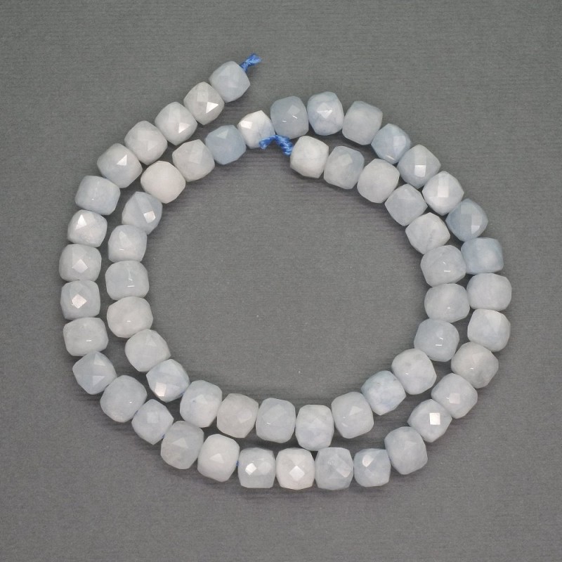 Aquamarine Beads Faceted Cube-shaped 7mm, Length 39cm ±