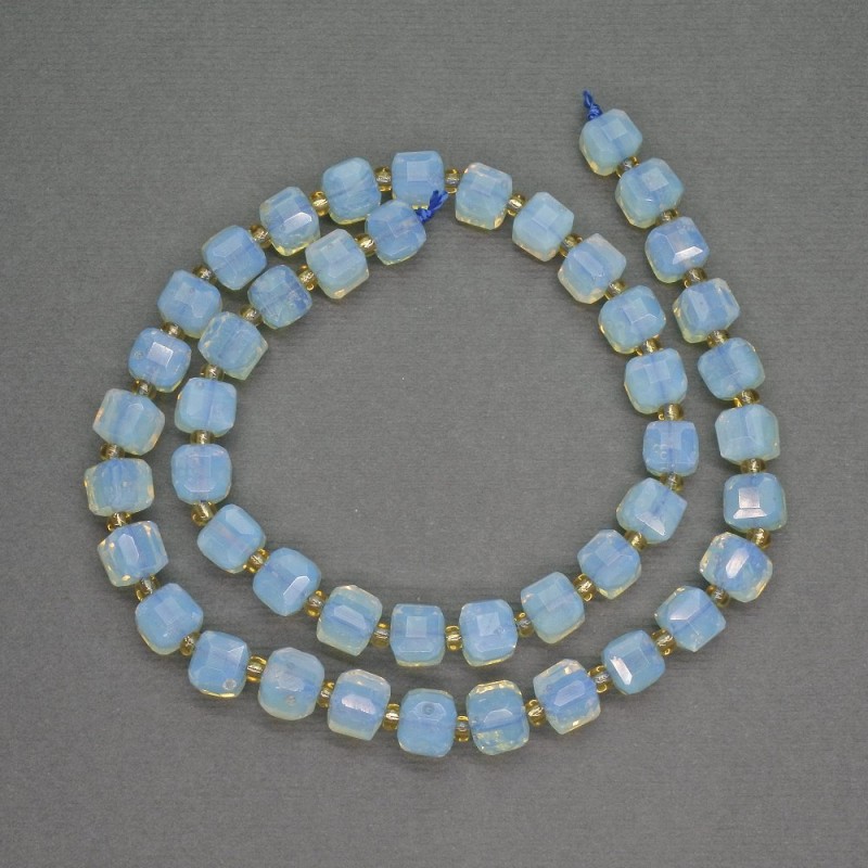Moonstone Opalite Beads (synthetic) Faceted Cube, diameter 7mm± beads, diameter 3mm±, length 39cm+