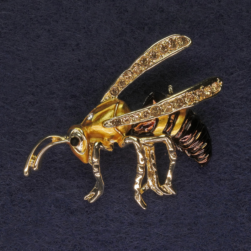 Brooch Bee with Yellow Crystals and Gold-Tone Metal, 43x30mm +