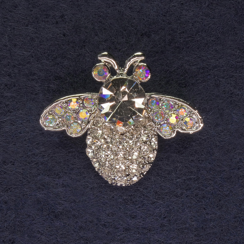 Brooch Insect with Rainbow and White Rhinestones on Silver Metal, diameter 28x23 mm +