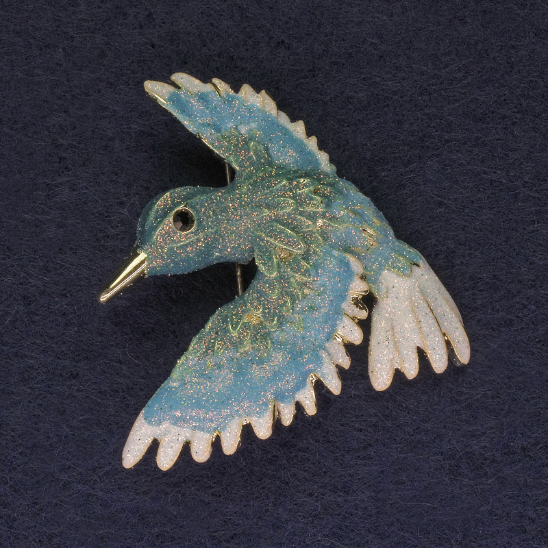 Brooch Bird Blue with Shine 40x42mm+- golden metal
