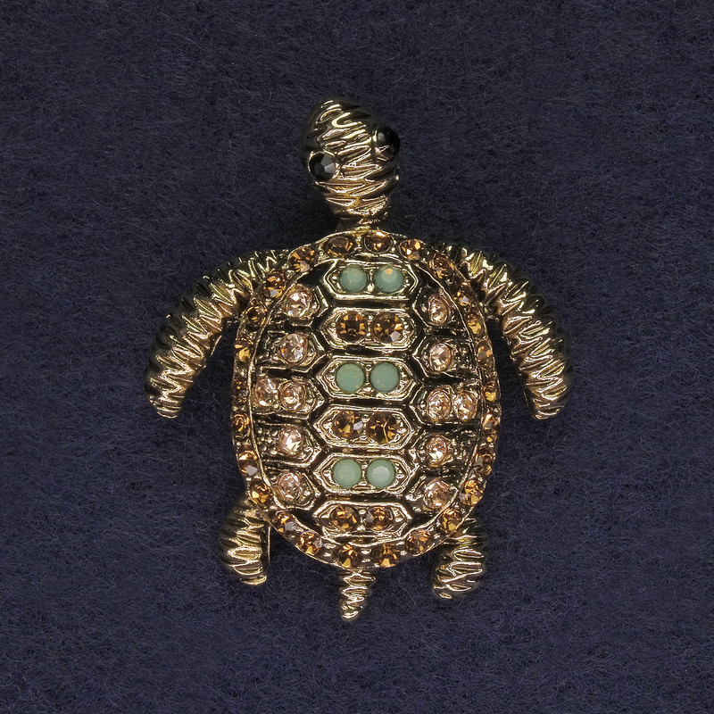 Brooch Pendant Turtle Multicolor Rhinestones Gold-toned Metal 37x32mm+