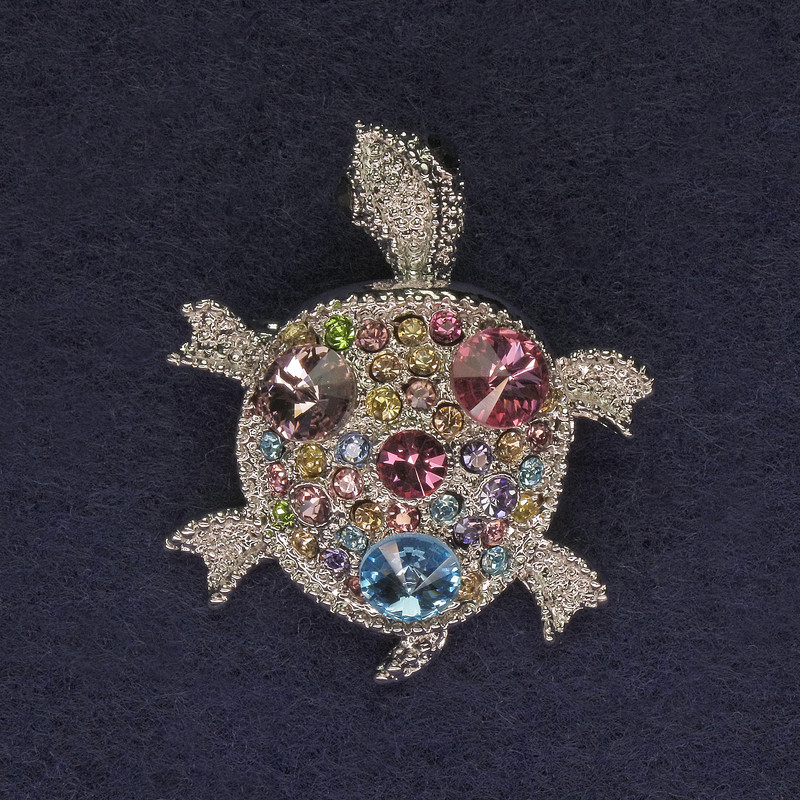 Brooch Turtle with silver color, multicolor rhinestones, silver metal 36x31mm+