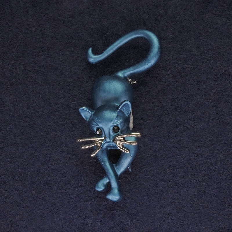 Brooch Kitty blue with black rhinestones silver-tone metal 52x24mm+