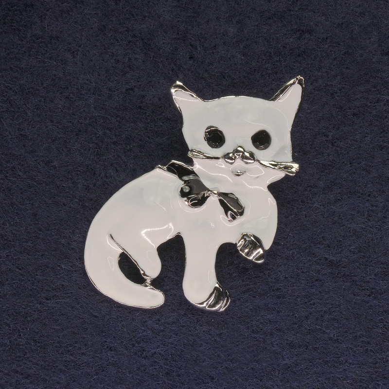  Brooch Cat white enamel black crystals silver metal 40x23mm+