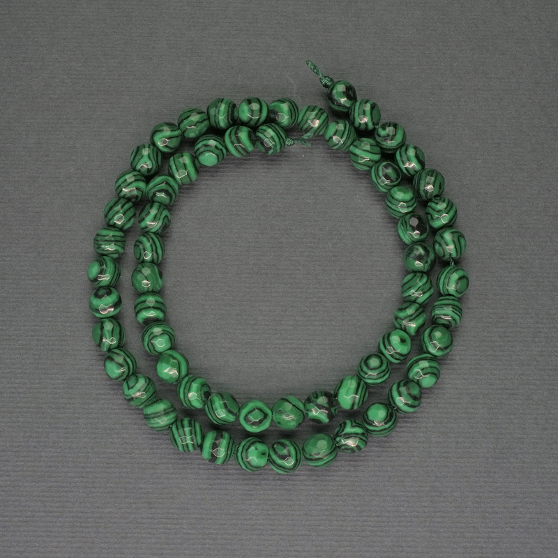 Malachite Beads, faceted round beads, 6mm diameter ± on thread, length 36cm+