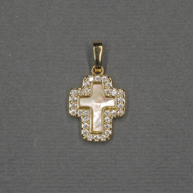 Pendant Cross with Mother-of-Pearl Inlay, Golden Tone Metal