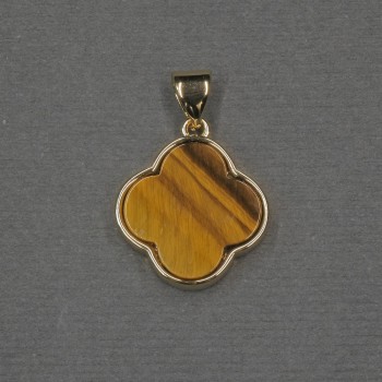 Pendant Charm Clover Inlay Tiger's Eye 16×18×4 mm ± golden metal