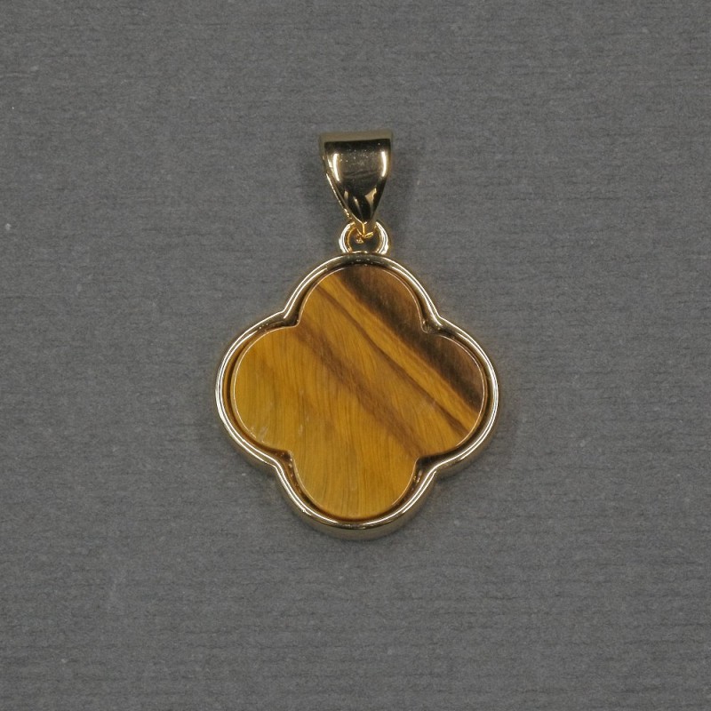 Pendant Charm Clover Inlay Tiger's Eye 16×18×4 mm ± golden metal