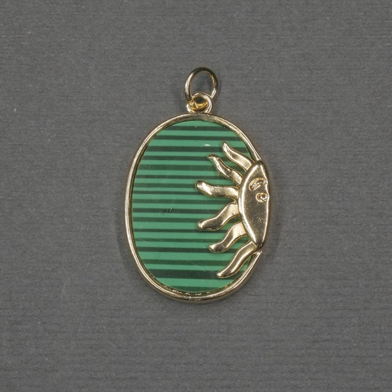 Pendant Sun with Malachite insert (pressed) 17x20x24x3mm+- golden metal