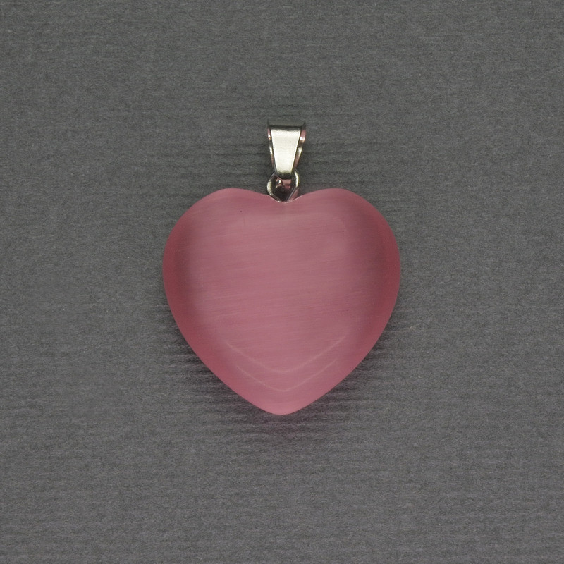 Pendant Heart Pink Cat's Eye 20x20x25mm± Silver Metal
