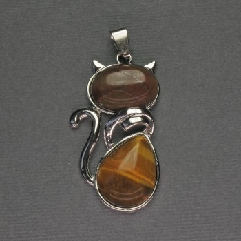 Pendant Cat Tiger's Eye 25x51mm+- Silvery Metal