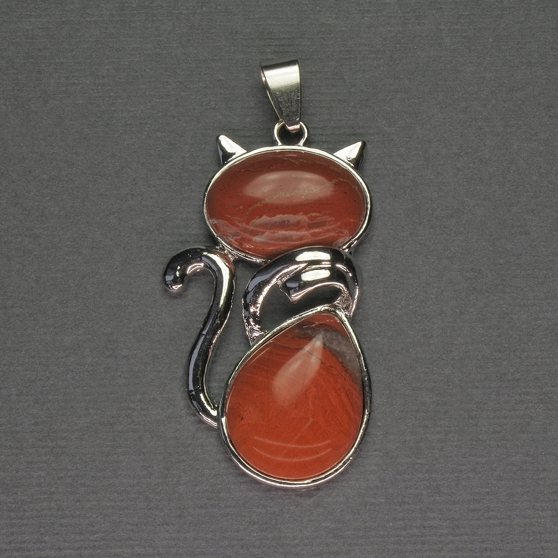 Cat Pendant Red Jasper 25×51 mm ± Silver-Tone Metal