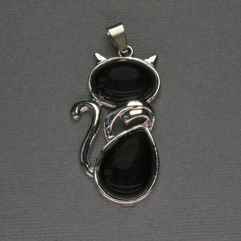 Cat Pendant Agate 25x51mm± Silver Metal