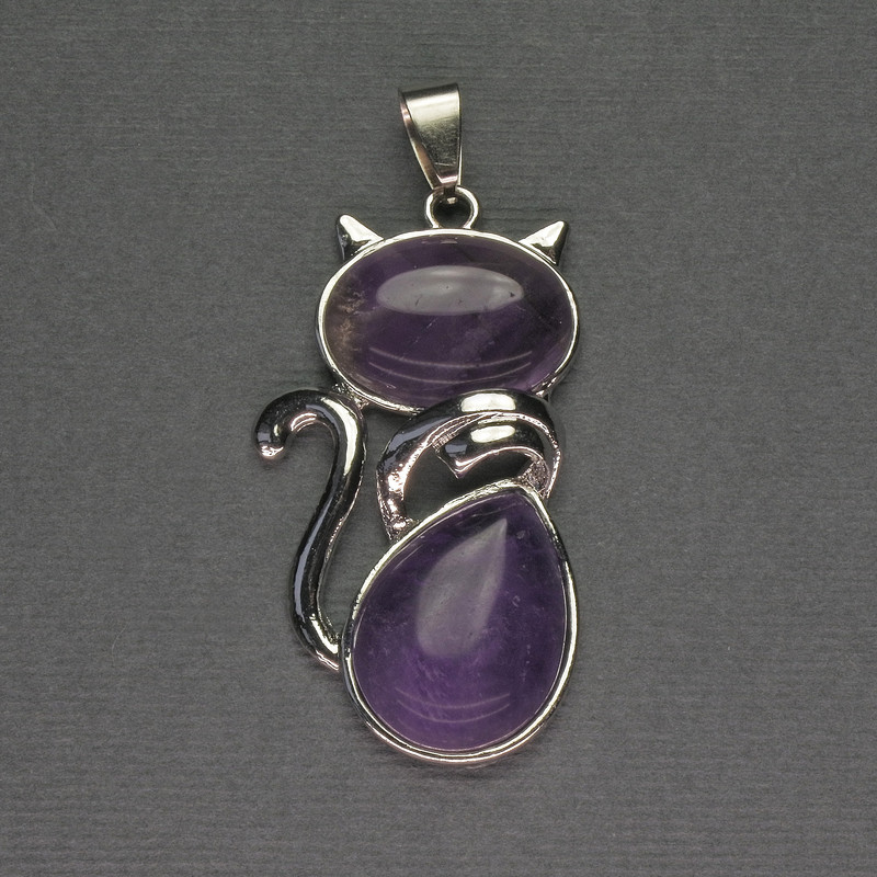 Cat Pendant with Amethyst 25×51 mm ± Silver Metal
