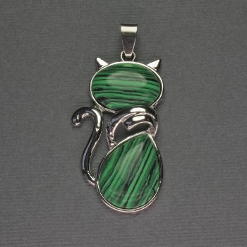 Cat Pendant Malachite 25x51mm+ Silver Metal