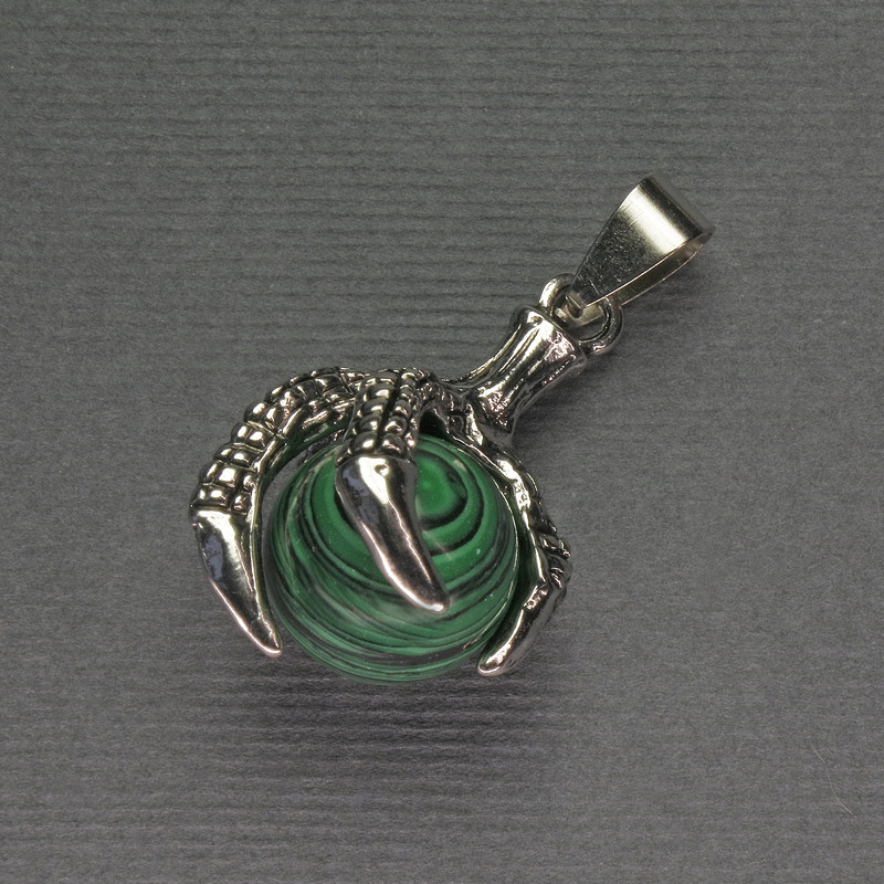 Malachite Pendant Paw with Sphere 18x37mm+-, Silver Tone Metal