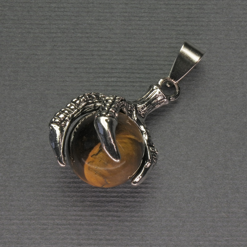 Pendant Tiger's Eye Paw with Sphere 18x37mm± Silver Metal