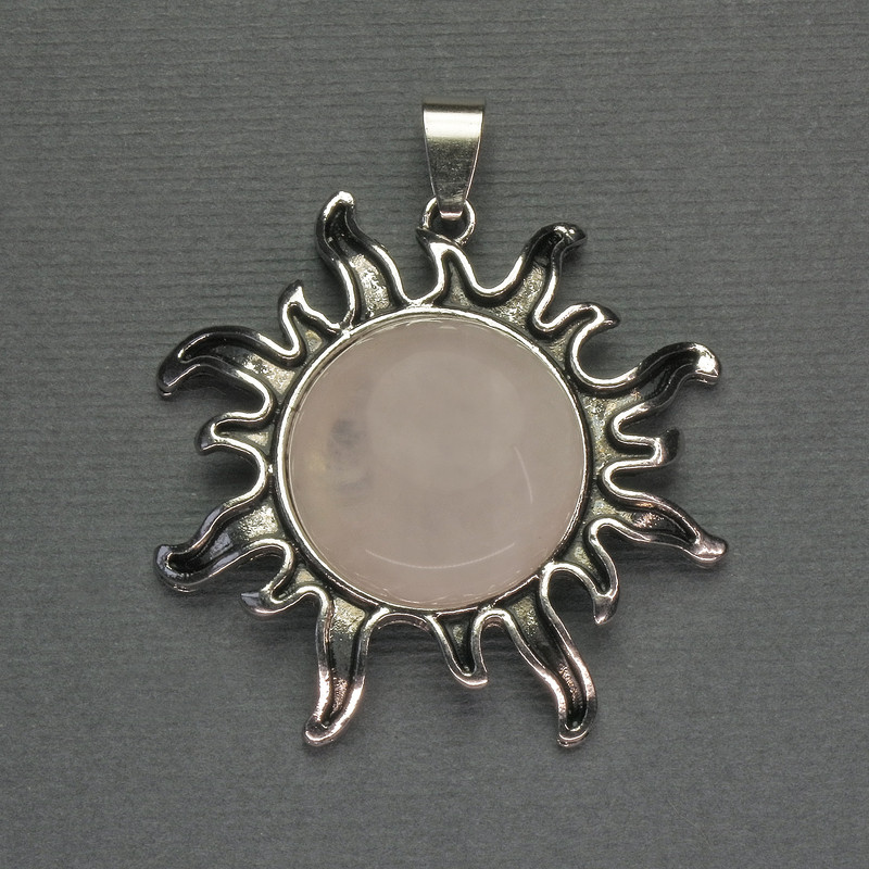Pendant Sun Pink Quartz 42mm+-, length 48mm+- silver metal