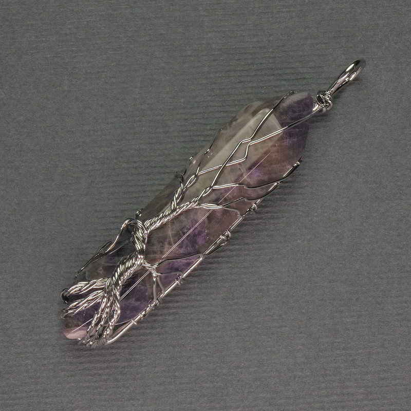Amethyst Hexagonal Crystal Pendant 12x50x57mm± in Silver Plated Wire