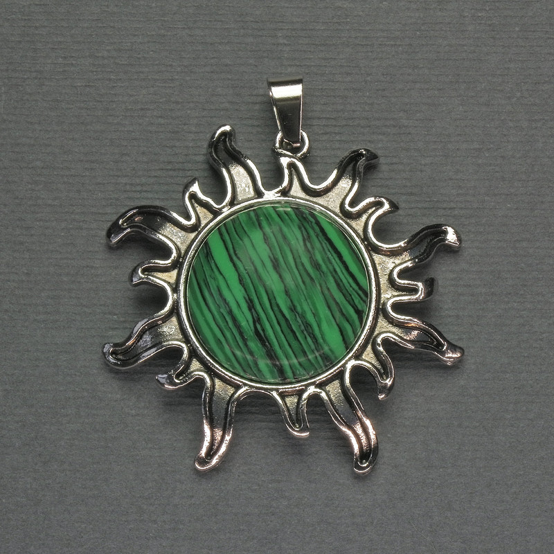 Pendant Sun Malachite 42mm+-, silver metal length 48mm+-