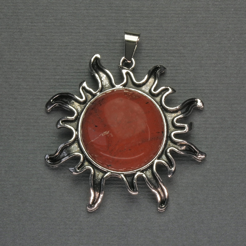 Pendant Sun Red Jasper 42mm+-, length 48mm+- Silver metal