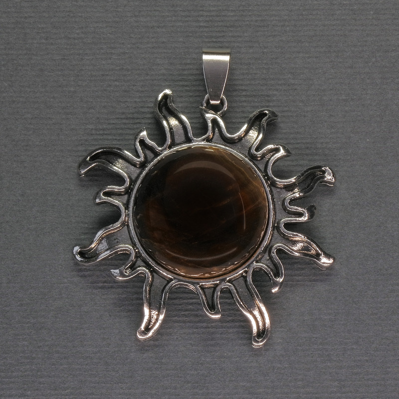 Pendant Sun Tiger’s Eye, diameter 42mm±, length 48mm±, silvered metal