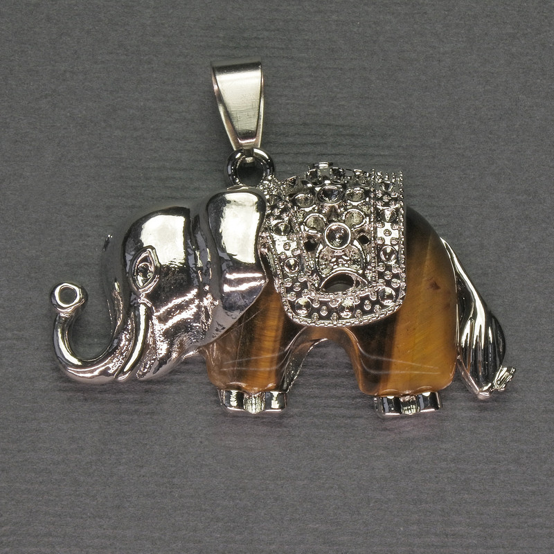 Pendant Elephant Tiger's Eye 39x34mm+ Silver Metal