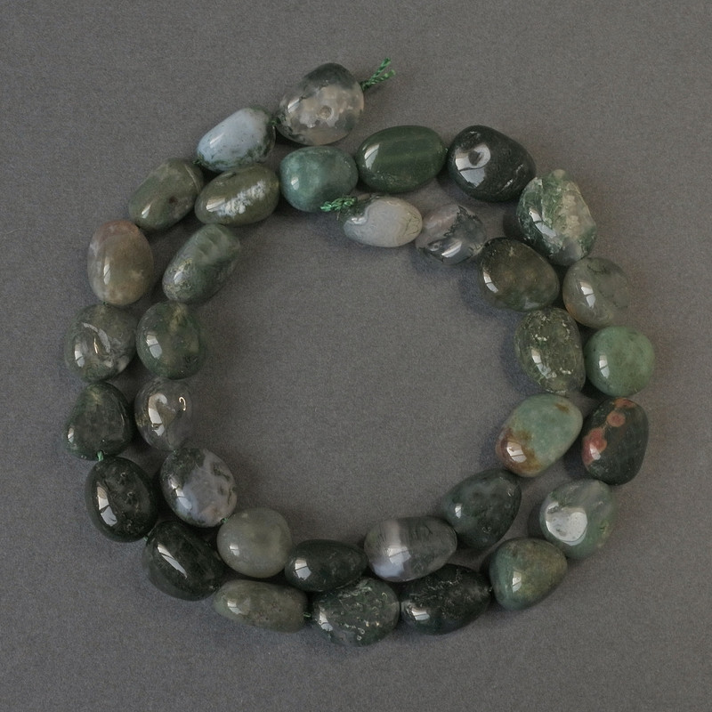 Moss Agate Beads, Pearly Tumbled 12x10 mm, length 40 cm on thread