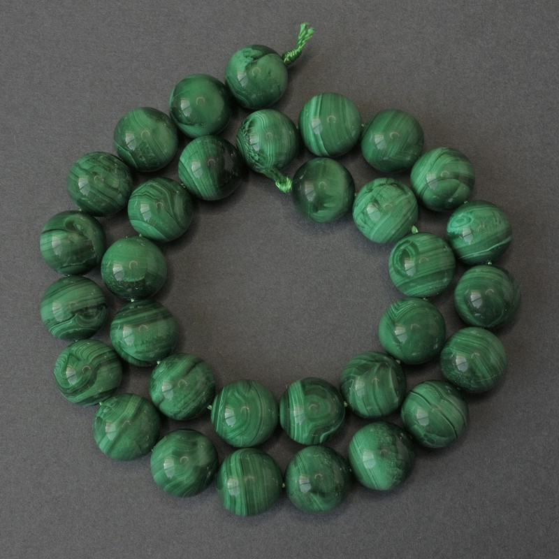 Malachite Beads Smooth Round 12mm, 39cm length on thread
