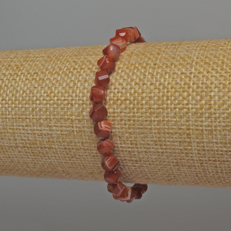 Carnelian Beaded Bracelet with Diamond-Shaped Beads, 6mm diameter, 18cm length, stretch