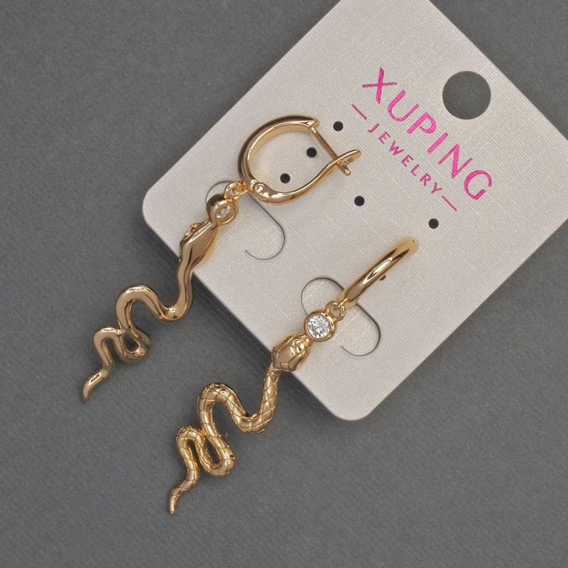 Xuping Snake Earrings with White Crystals, 11mm diameter, 54mm+- Length, 18K Gold Plating