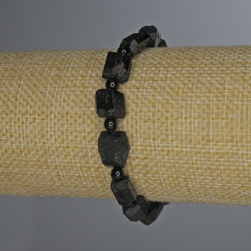 Turmaline Shorl Bracelet Unpolished Faceted Beads, 12x8mm ±, Sphere 4mm ±, Length 18cm ±, Elastic