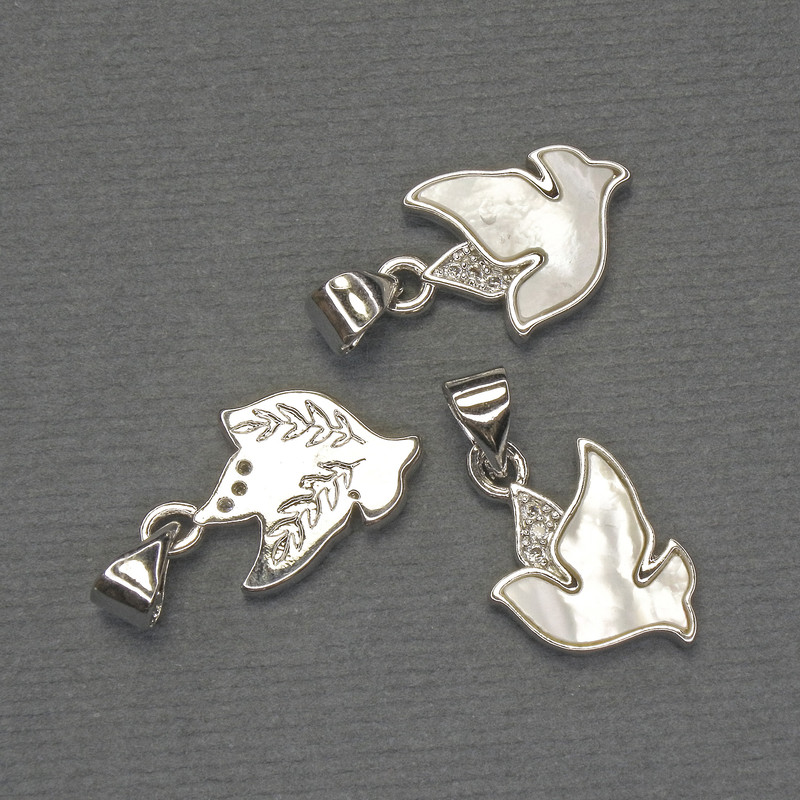 Pendant Pearl Shell Bird White Crystals Silver Metal, diameter 17x11mm±, length 20mm±
