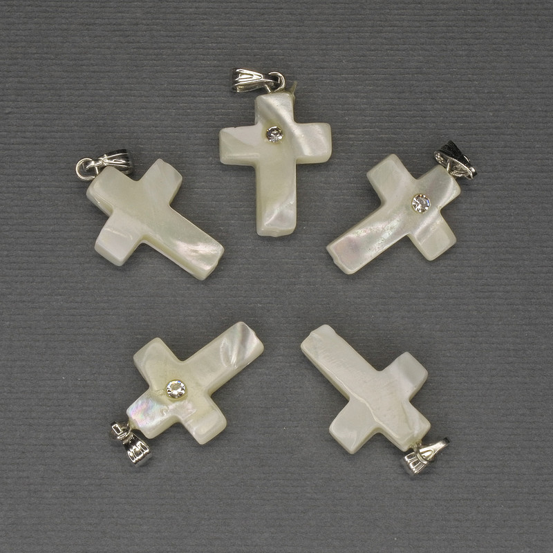 Pearlized Cross Pendant 30x20x15mm± with White Rhinestones, Silver Metal