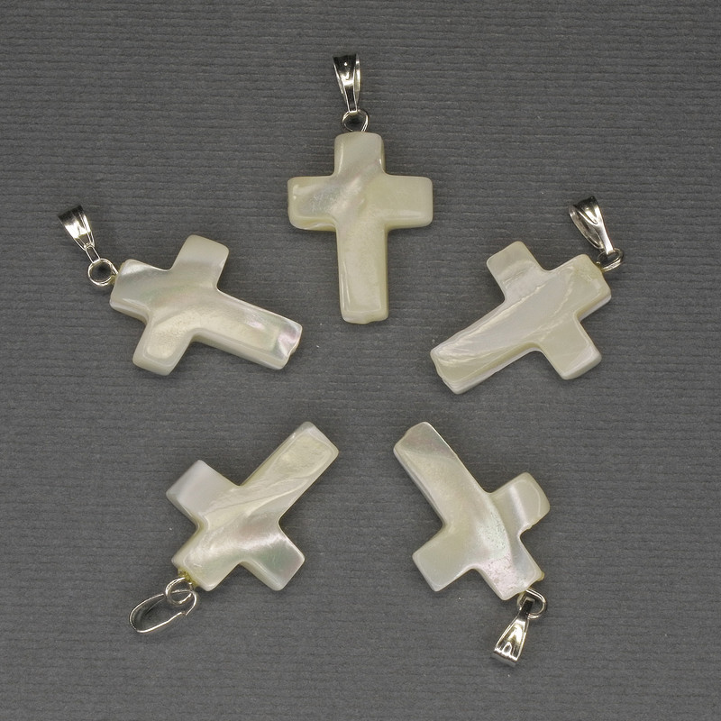 Pendant Mother of Pearl Cross 30x20x15mm± Silver Metal