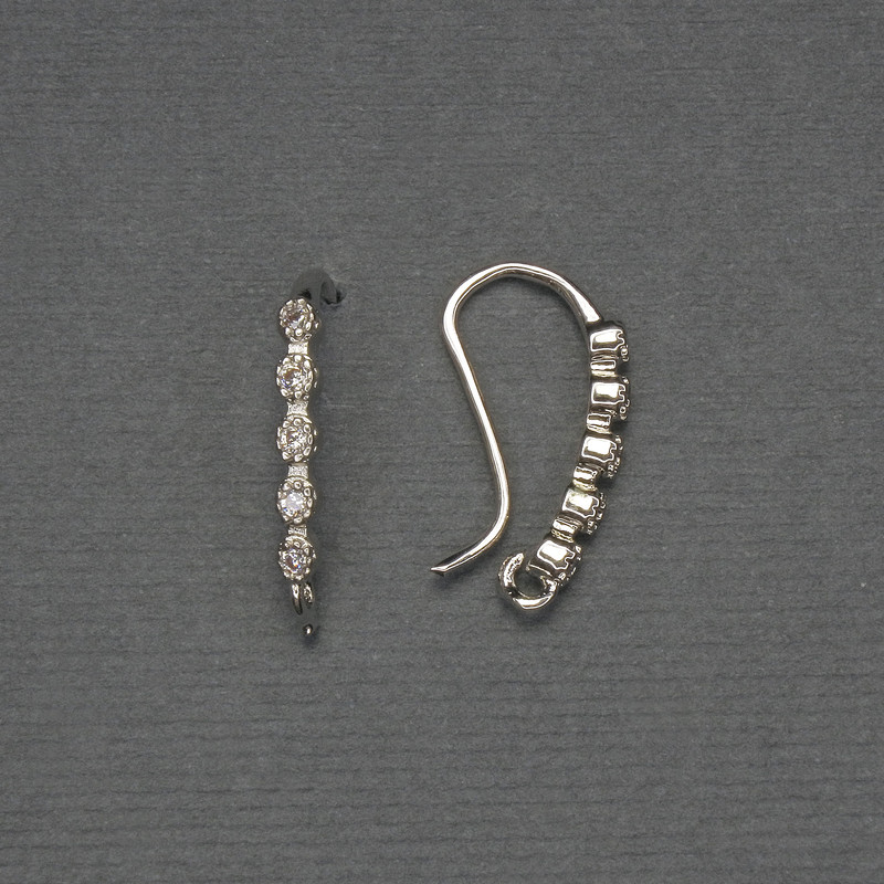 Earrings hooks for earrings with white rhinestones, silver-colored metal 19×2mm, pair