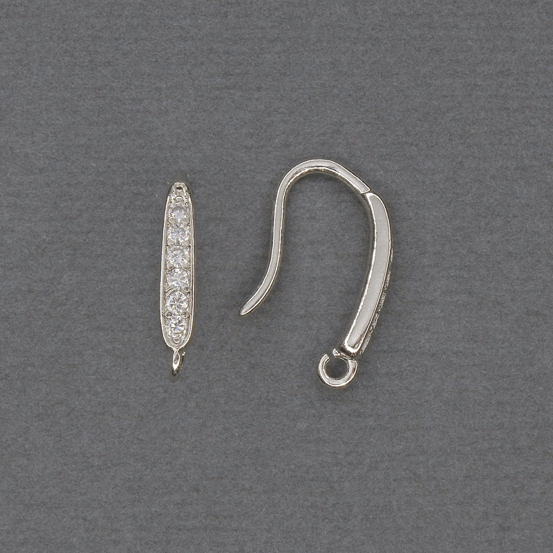 Earring hooks with white crystals, silver-toned metal 17×2.5 mm + - pair
