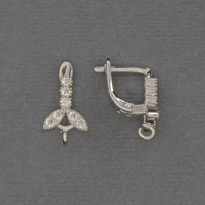 Earring hooks with white crystals, silver metal 16x3x9mm + - pair