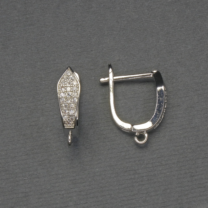 Earrings hooks for earrings with white crystals, silver metal 16x5mm, pair