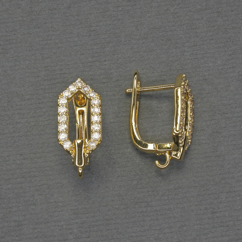Ear hooks for earrings, white rhinestones, gold-tone metal, 17x8mm, pair